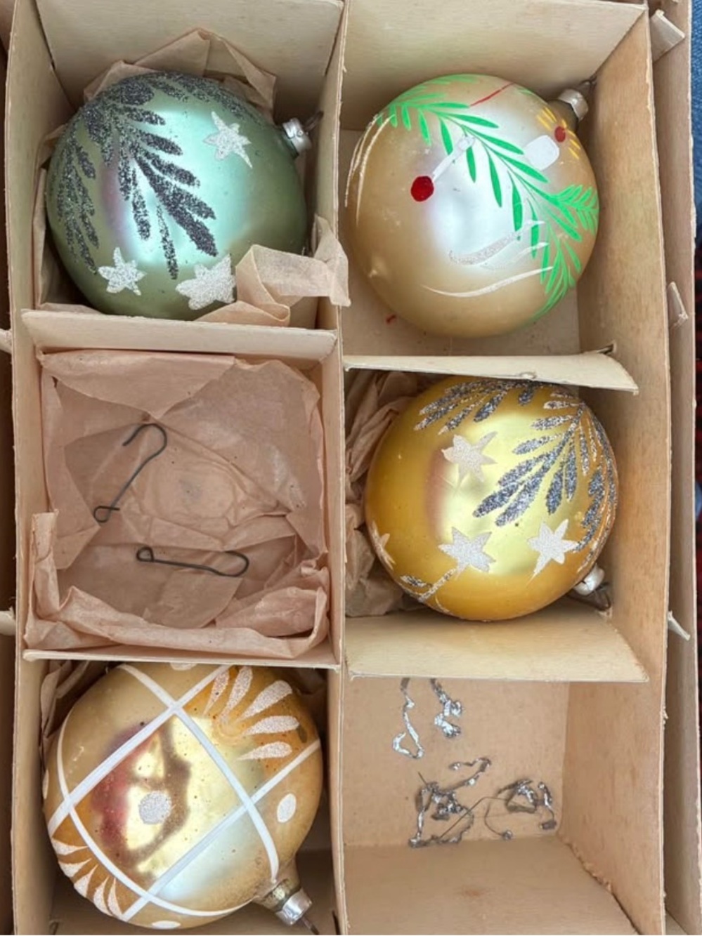 Vintage Gold and Green Glass German Christmas Ornaments